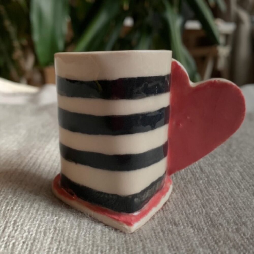 CREATION - Handmade Ceramic Coffee Expresso Cup - Heart base with B&W stripes